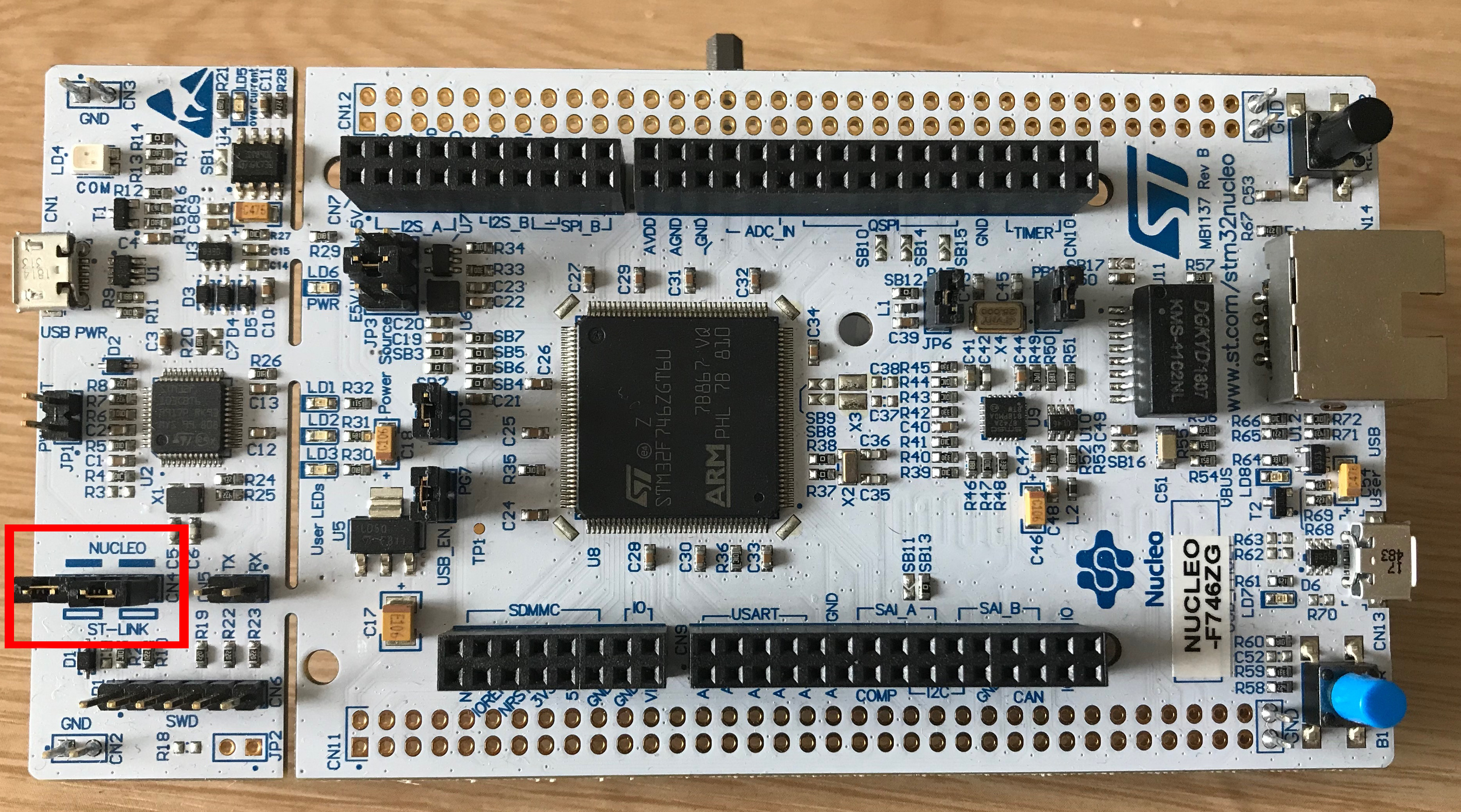 Photo of Nucleo-F746ZG development board with ST-LINK header outlined