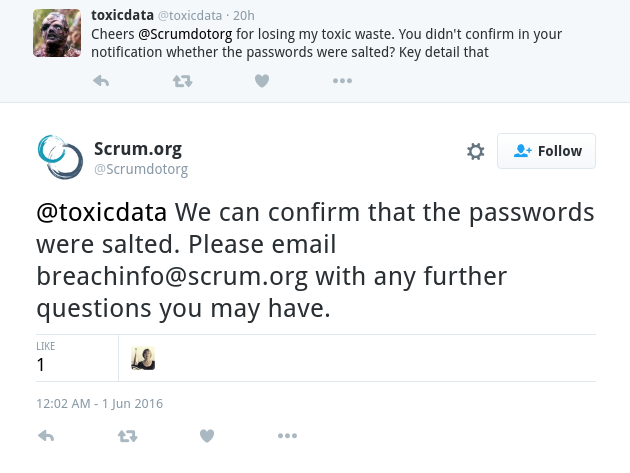 Scrum.org Twitter reply confirming salted passwords